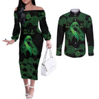 Green Kangaroo Ribbon Aboriginal Personalised Couples Matching Off The Shoulder Long Sleeve Dress and Long Sleeve Button Shirt Depression Awareness