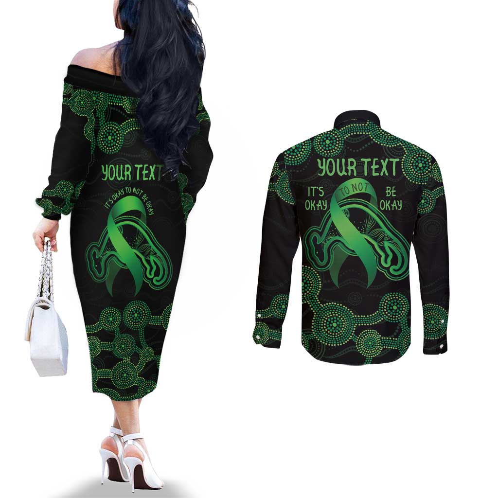 Green Kangaroo Ribbon Aboriginal Personalised Couples Matching Off The Shoulder Long Sleeve Dress and Long Sleeve Button Shirt Depression Awareness