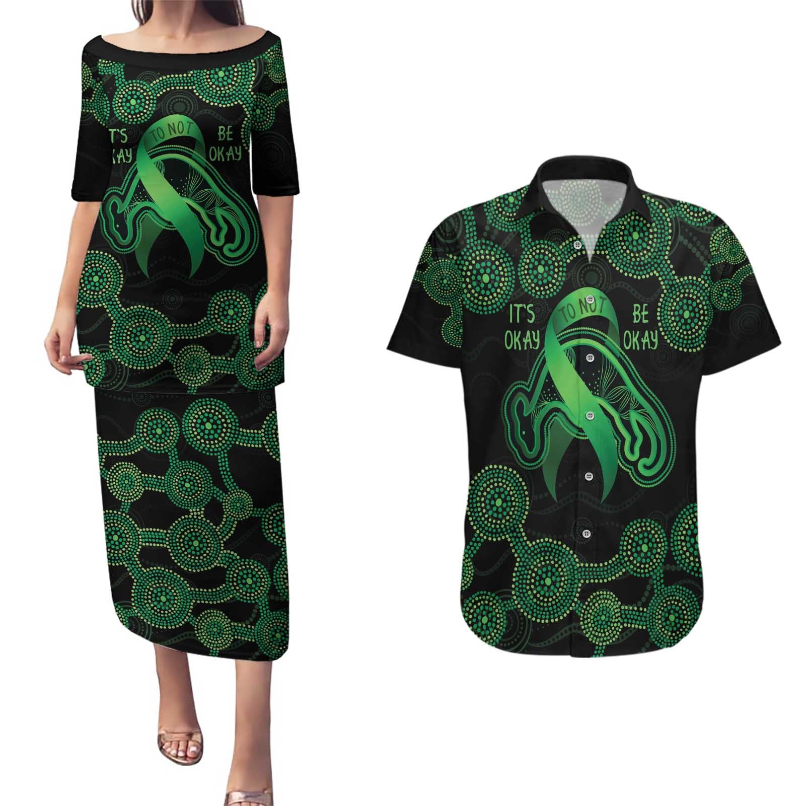 Green Kangaroo Ribbon Aboriginal Personalised Couples Matching Puletasi and Hawaiian Shirt Depression Awareness