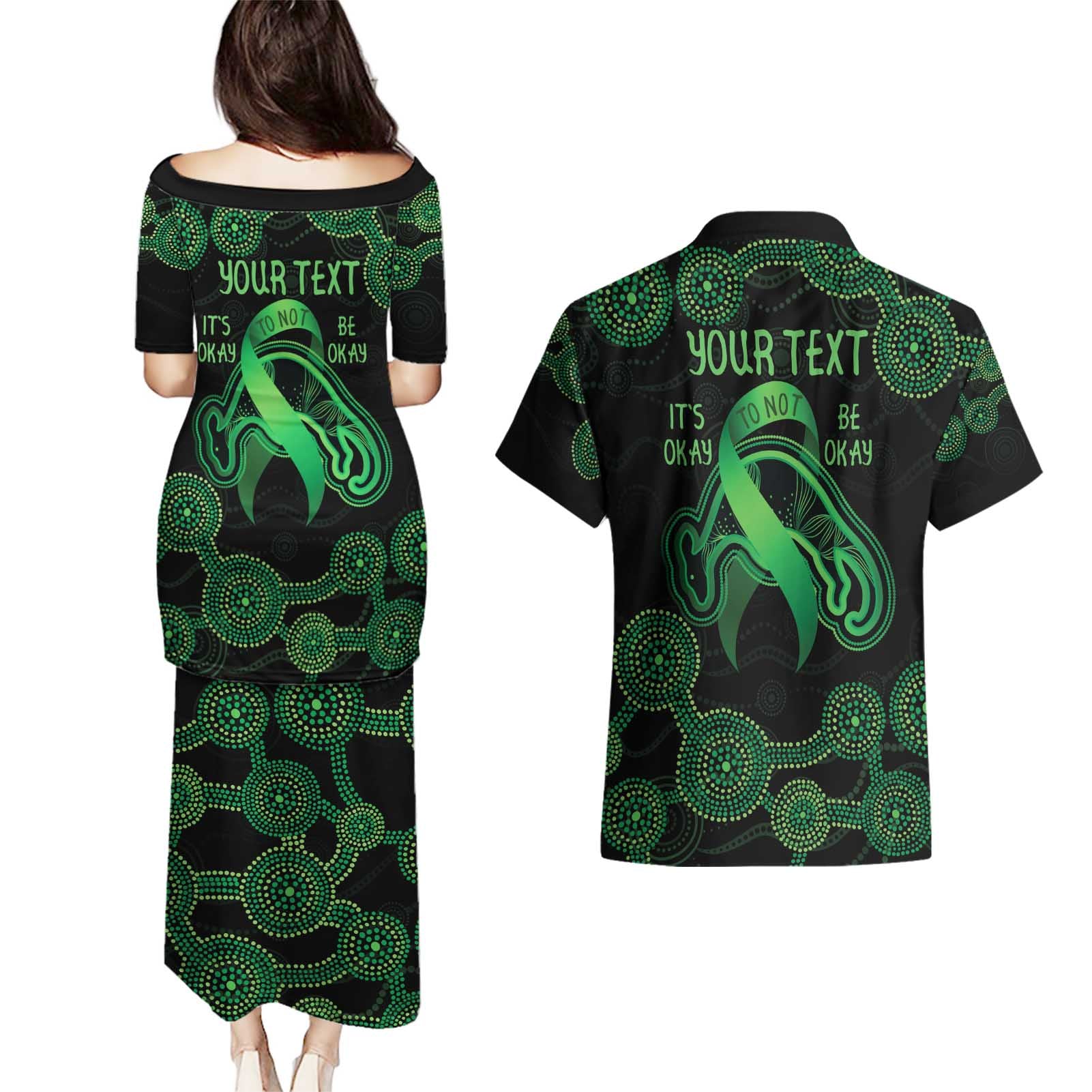Green Kangaroo Ribbon Aboriginal Personalised Couples Matching Puletasi and Hawaiian Shirt Depression Awareness