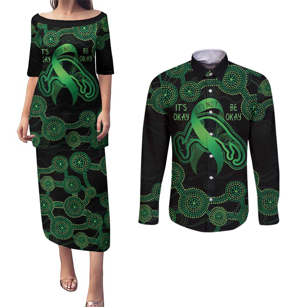 Green Kangaroo Ribbon Aboriginal Personalised Couples Matching Puletasi and Long Sleeve Button Shirt Depression Awareness