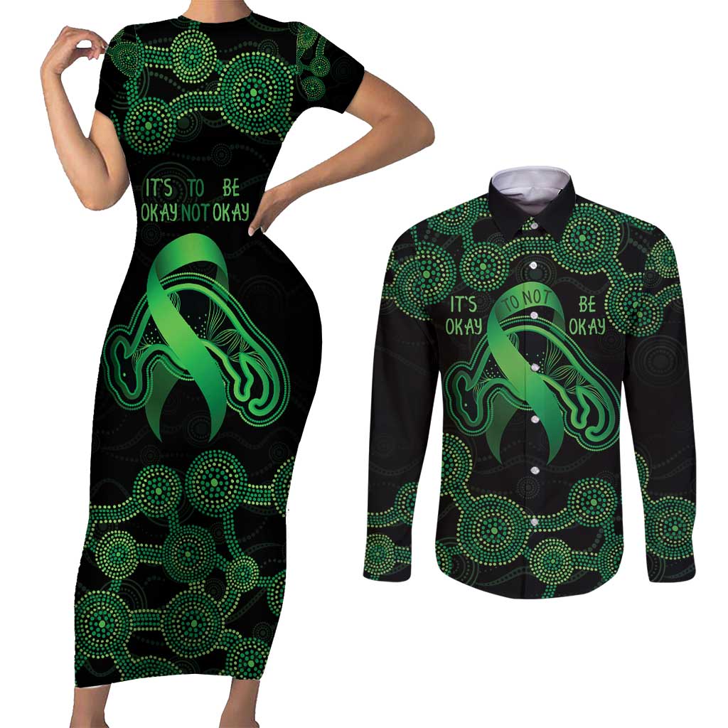 Green Kangaroo Ribbon Aboriginal Personalised Couples Matching Short Sleeve Bodycon Dress and Long Sleeve Button Shirt Depression Awareness