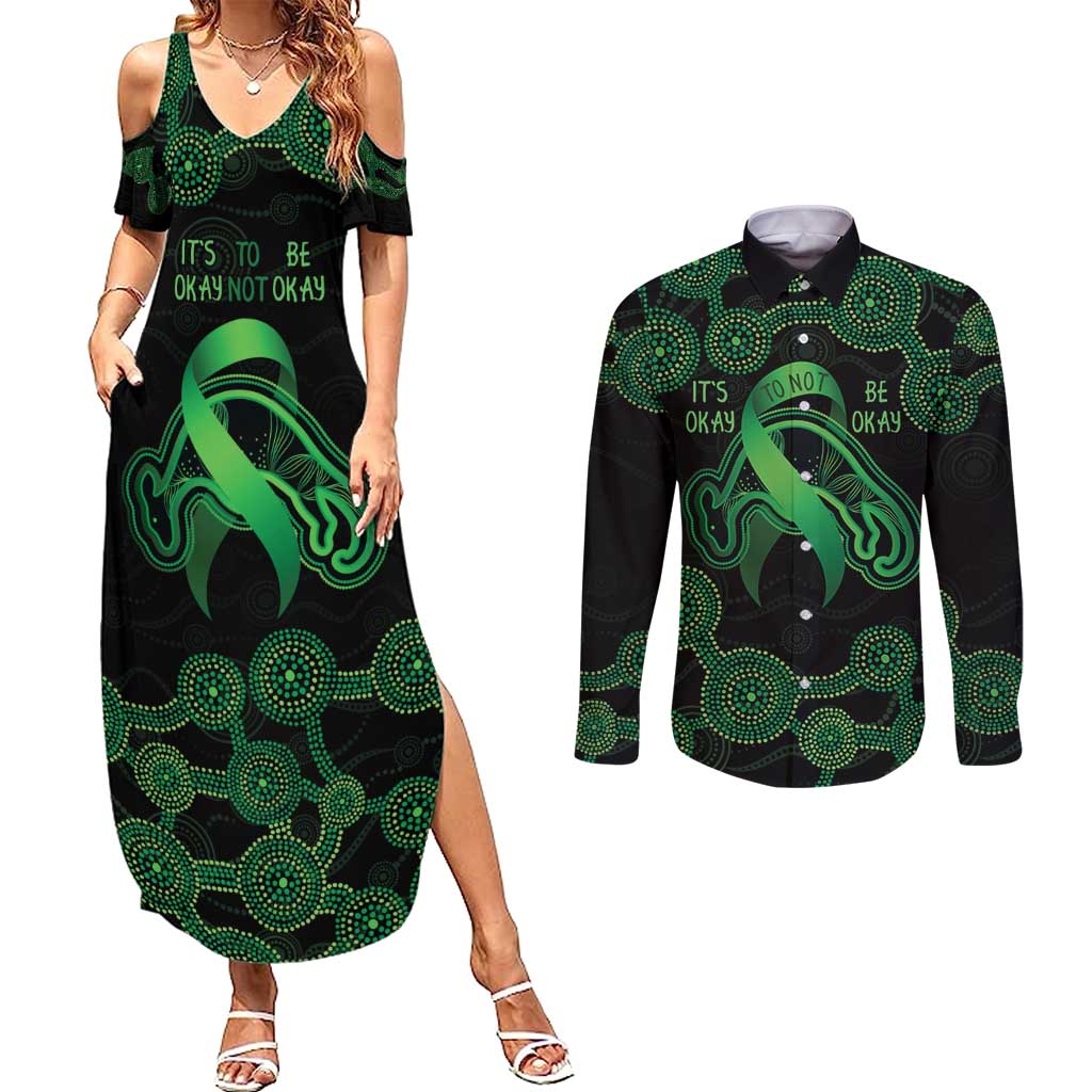 Green Kangaroo Ribbon Aboriginal Personalised Couples Matching Summer Maxi Dress and Long Sleeve Button Shirt Depression Awareness
