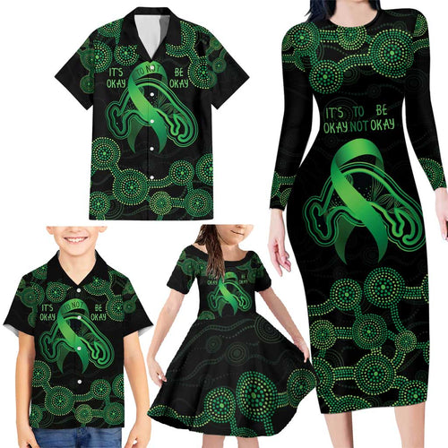 Green Kangaroo Ribbon Aboriginal Personalised Family Matching Long Sleeve Bodycon Dress and Hawaiian Shirt Depression Awareness