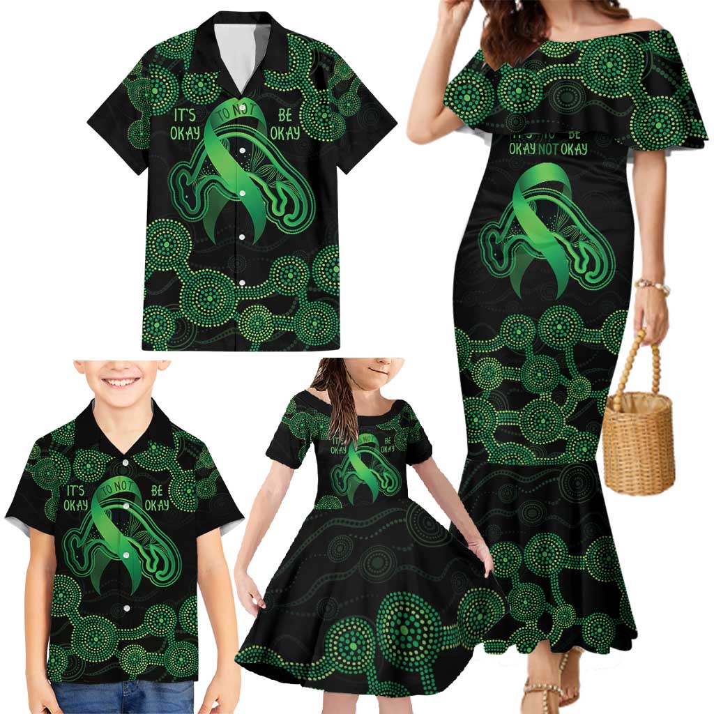 Green Kangaroo Ribbon Aboriginal Personalised Family Matching Mermaid Dress and Hawaiian Shirt Depression Awareness