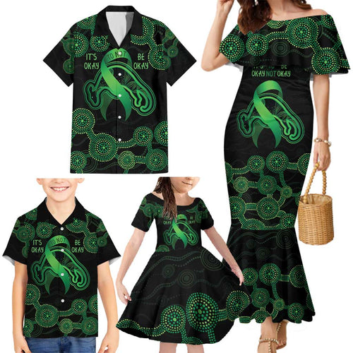 Green Kangaroo Ribbon Aboriginal Personalised Family Matching Mermaid Dress and Hawaiian Shirt Depression Awareness