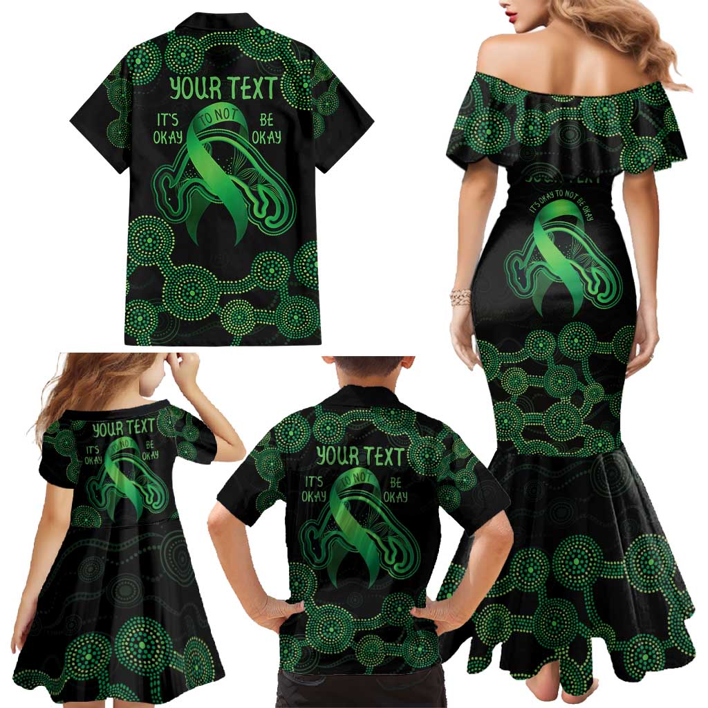 Green Kangaroo Ribbon Aboriginal Personalised Family Matching Mermaid Dress and Hawaiian Shirt Depression Awareness