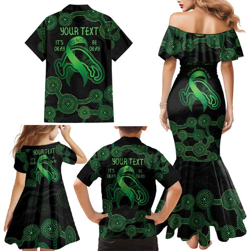 Green Kangaroo Ribbon Aboriginal Personalised Family Matching Mermaid Dress and Hawaiian Shirt Depression Awareness
