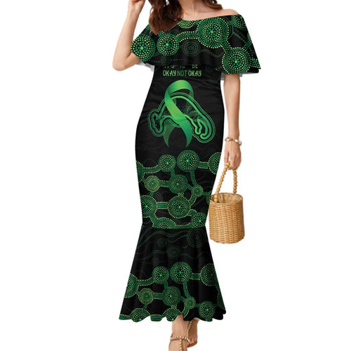 Green Kangaroo Ribbon Aboriginal Personalised Family Matching Mermaid Dress and Hawaiian Shirt Depression Awareness