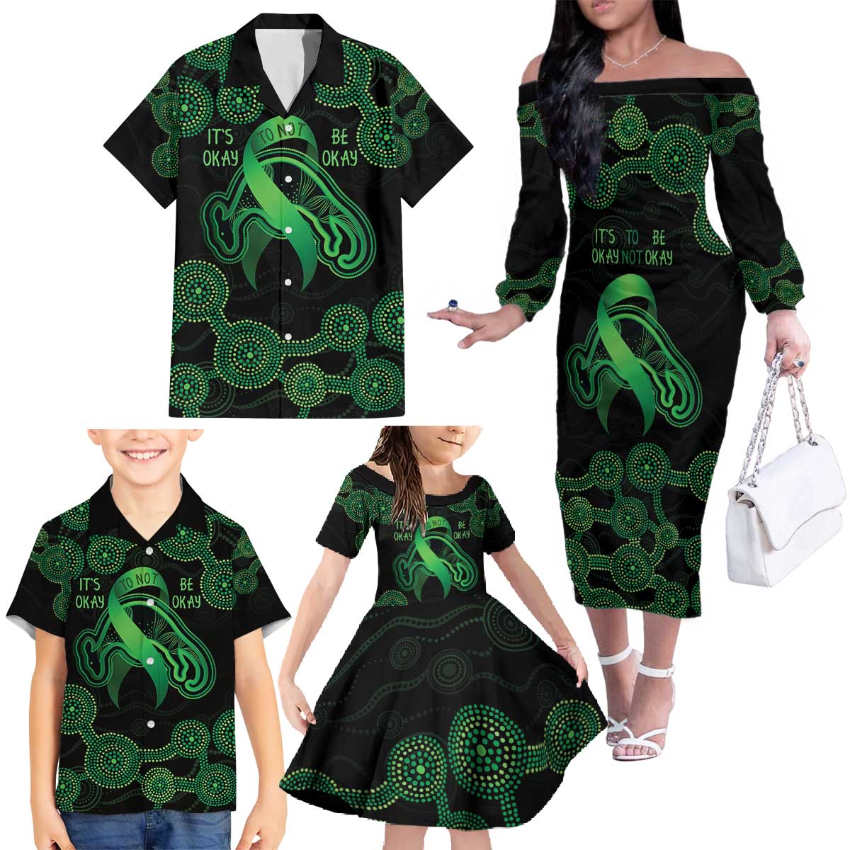 Green Kangaroo Ribbon Aboriginal Personalised Family Matching Off The Shoulder Long Sleeve Dress and Hawaiian Shirt Depression Awareness