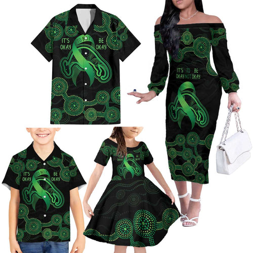 Green Kangaroo Ribbon Aboriginal Personalised Family Matching Off The Shoulder Long Sleeve Dress and Hawaiian Shirt Depression Awareness