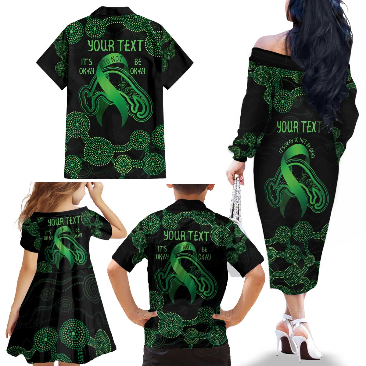 Green Kangaroo Ribbon Aboriginal Personalised Family Matching Off The Shoulder Long Sleeve Dress and Hawaiian Shirt Depression Awareness