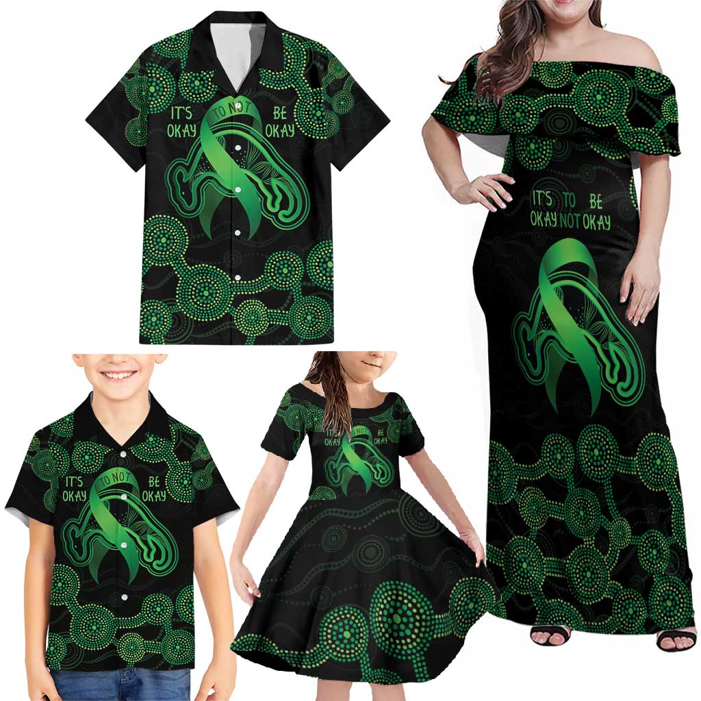 Green Kangaroo Ribbon Aboriginal Personalised Family Matching Off Shoulder Maxi Dress and Hawaiian Shirt Depression Awareness