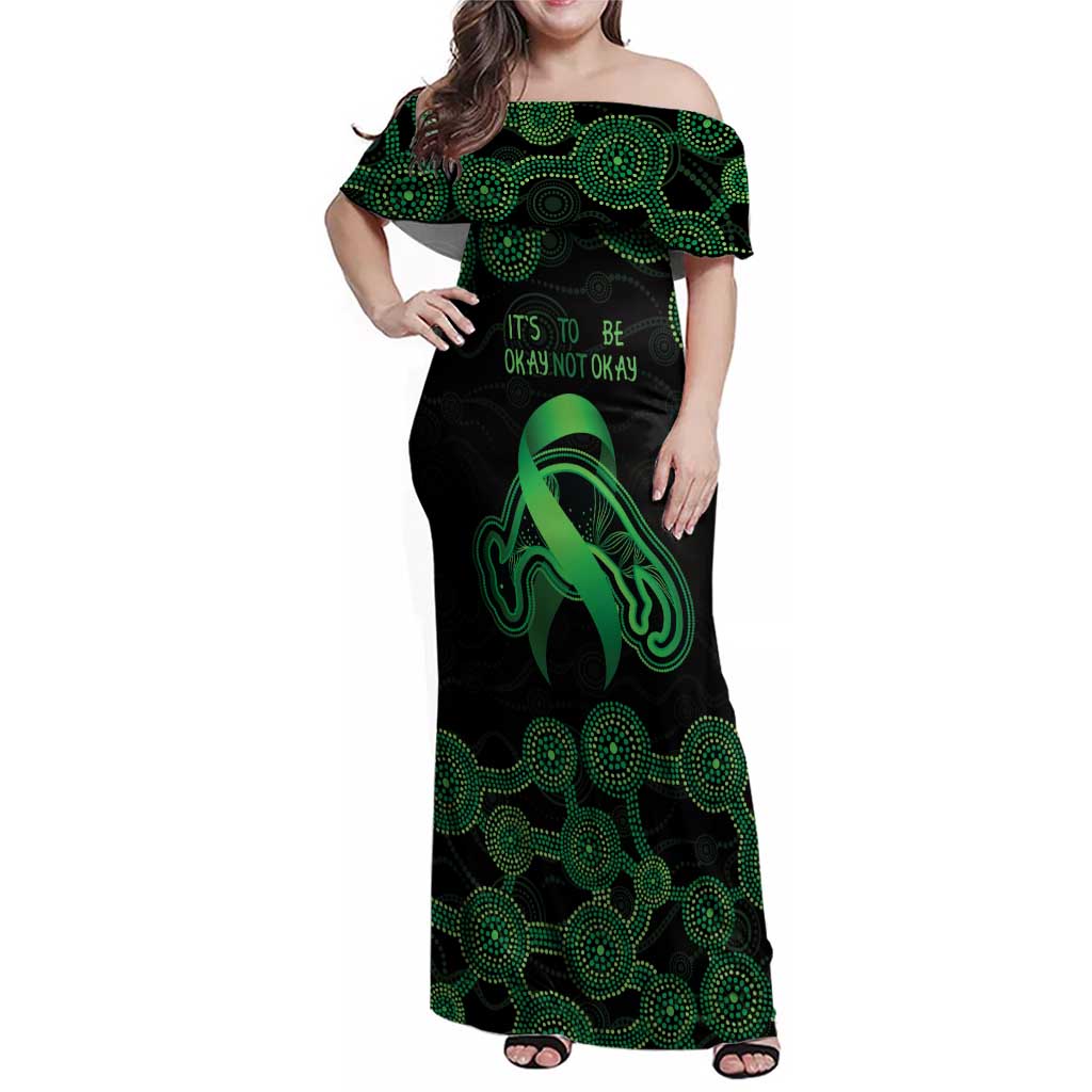 Green Kangaroo Ribbon Aboriginal Personalised Family Matching Off Shoulder Maxi Dress and Hawaiian Shirt Depression Awareness