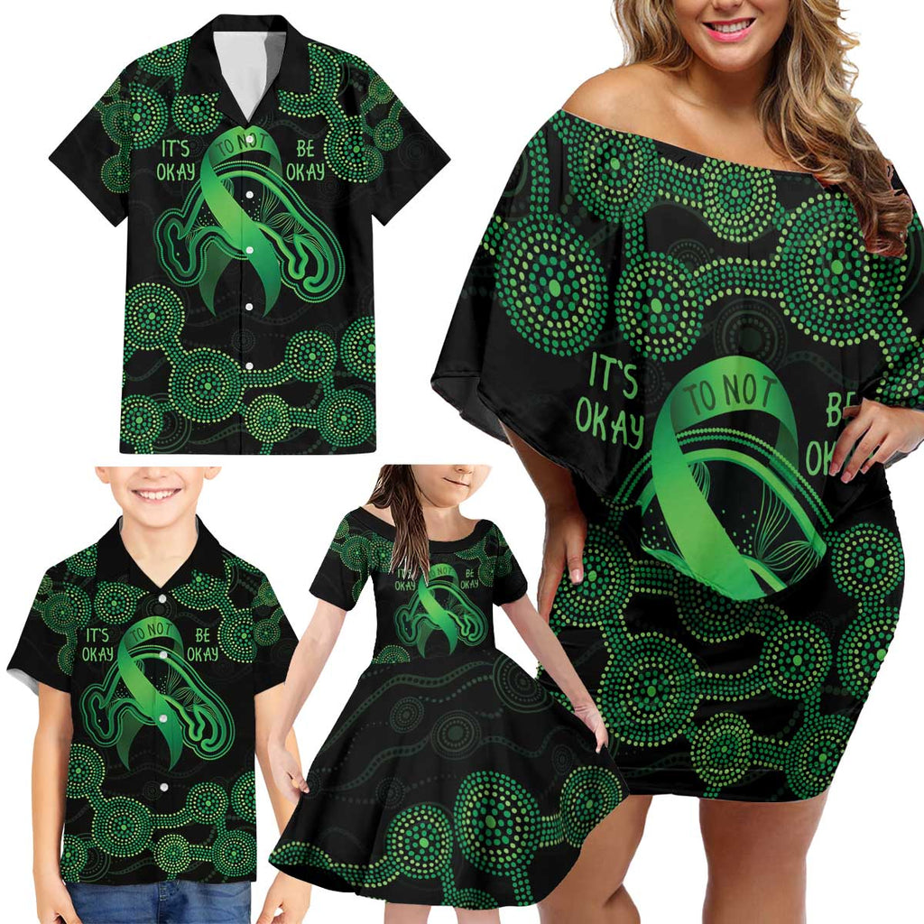Green Kangaroo Ribbon Aboriginal Personalised Family Matching Off Shoulder Short Dress and Hawaiian Shirt Depression Awareness