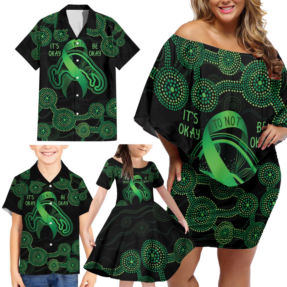 Green Kangaroo Ribbon Aboriginal Personalised Family Matching Off Shoulder Short Dress and Hawaiian Shirt Depression Awareness