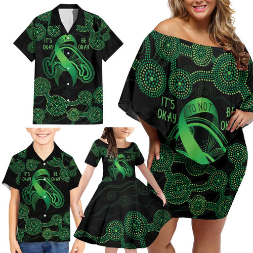 Green Kangaroo Ribbon Aboriginal Personalised Family Matching Off Shoulder Short Dress and Hawaiian Shirt Depression Awareness