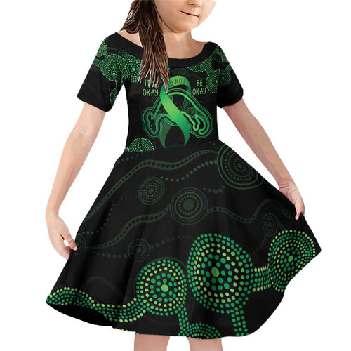 Green Kangaroo Ribbon Aboriginal Personalised Family Matching Off Shoulder Short Dress and Hawaiian Shirt Depression Awareness