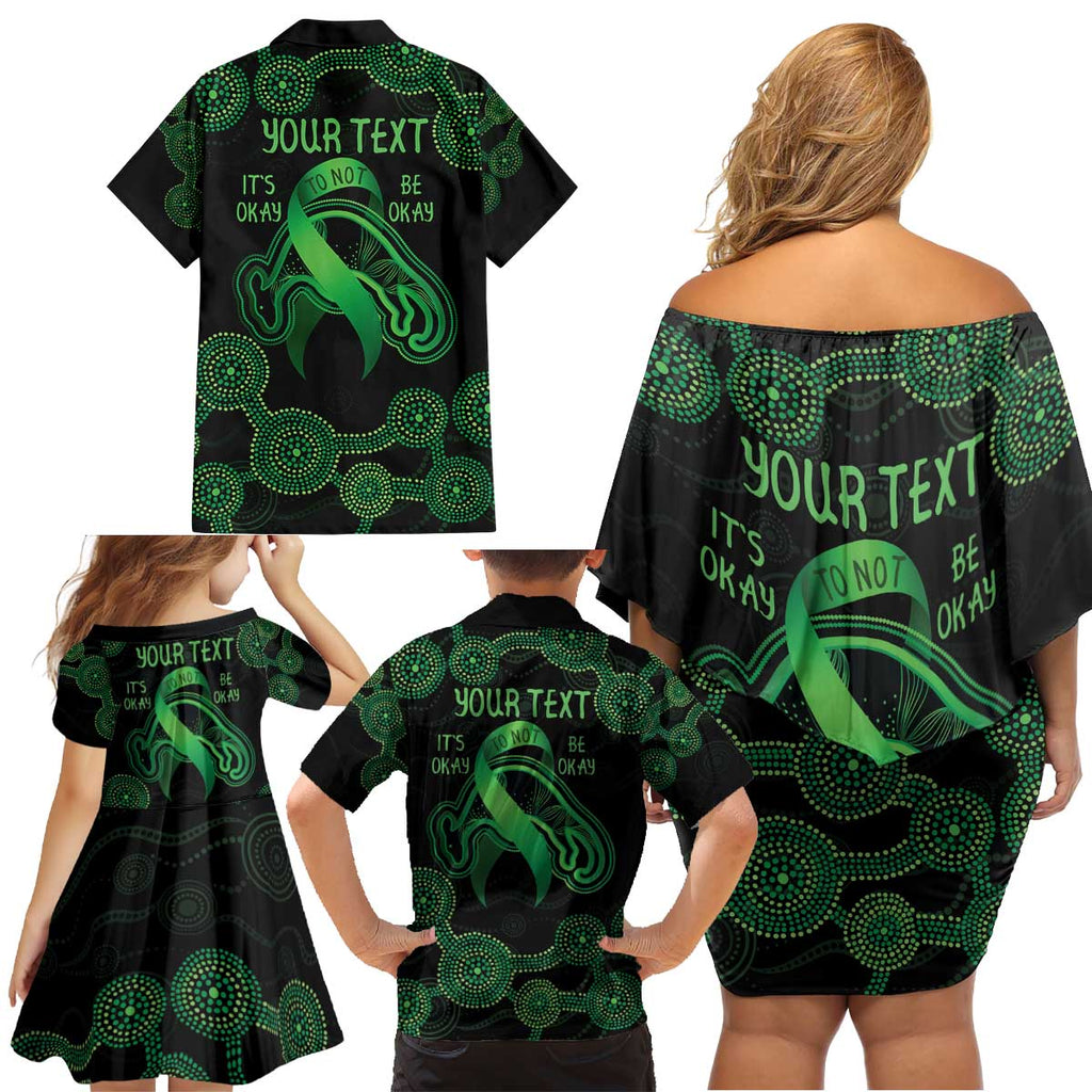 Green Kangaroo Ribbon Aboriginal Personalised Family Matching Off Shoulder Short Dress and Hawaiian Shirt Depression Awareness