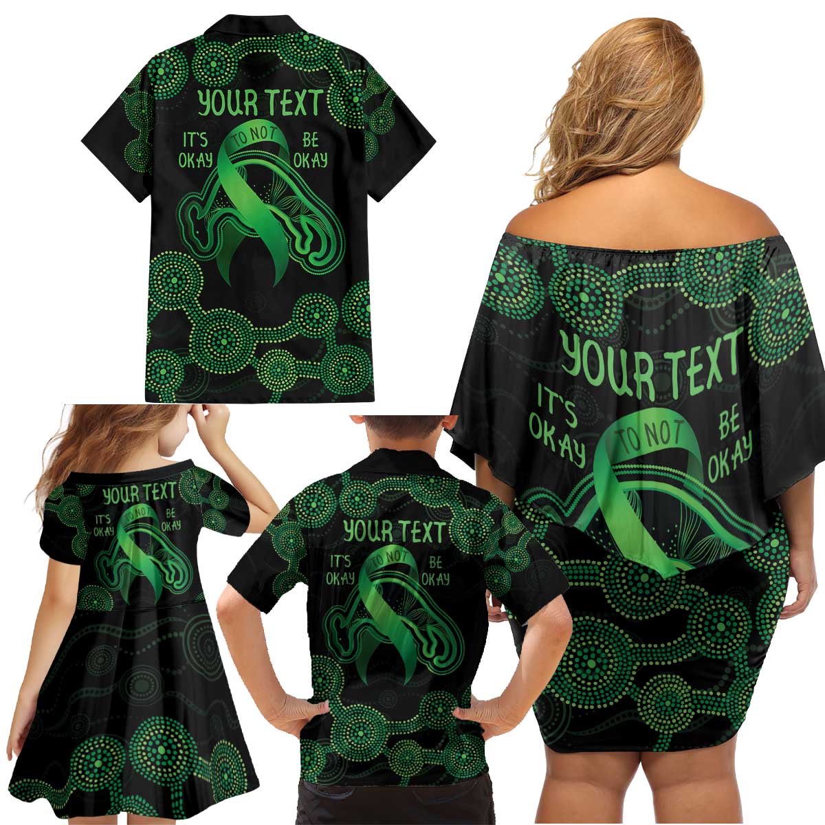 Green Kangaroo Ribbon Aboriginal Personalised Family Matching Off Shoulder Short Dress and Hawaiian Shirt Depression Awareness