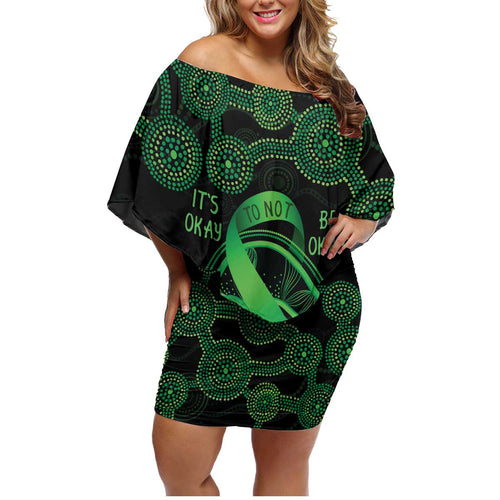 Green Kangaroo Ribbon Aboriginal Personalised Family Matching Off Shoulder Short Dress and Hawaiian Shirt Depression Awareness