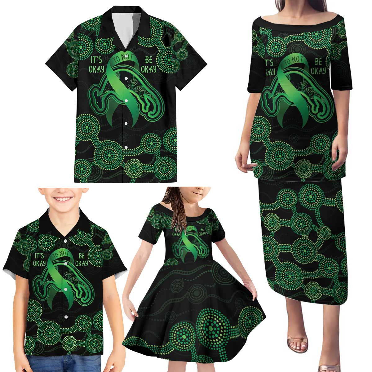 Green Kangaroo Ribbon Aboriginal Personalised Family Matching Puletasi and Hawaiian Shirt Depression Awareness