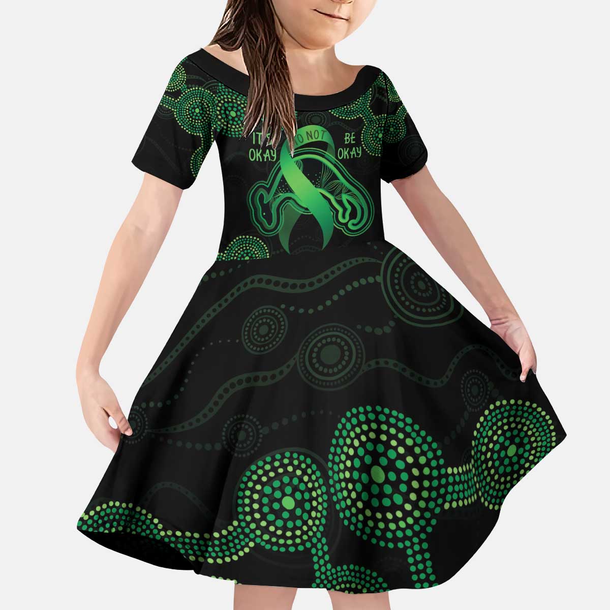 Green Kangaroo Ribbon Aboriginal Personalised Family Matching Puletasi and Hawaiian Shirt Depression Awareness