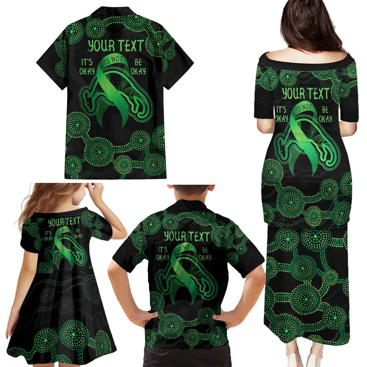Green Kangaroo Ribbon Aboriginal Personalised Family Matching Puletasi and Hawaiian Shirt Depression Awareness