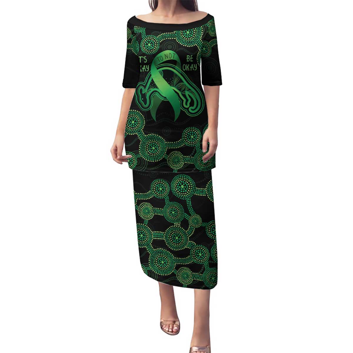 Green Kangaroo Ribbon Aboriginal Personalised Family Matching Puletasi and Hawaiian Shirt Depression Awareness