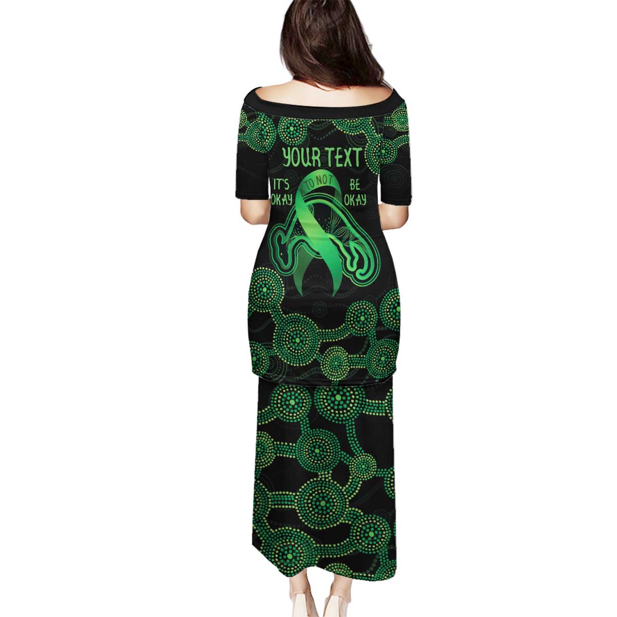 Green Kangaroo Ribbon Aboriginal Personalised Family Matching Puletasi and Hawaiian Shirt Depression Awareness