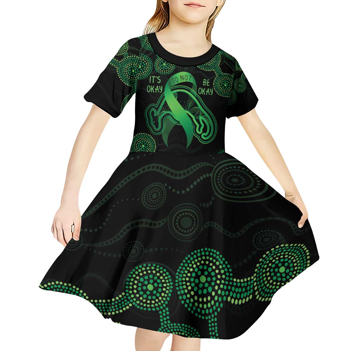Green Kangaroo Ribbon Aboriginal Personalised Kid Short Sleeve Dress Depression Awareness