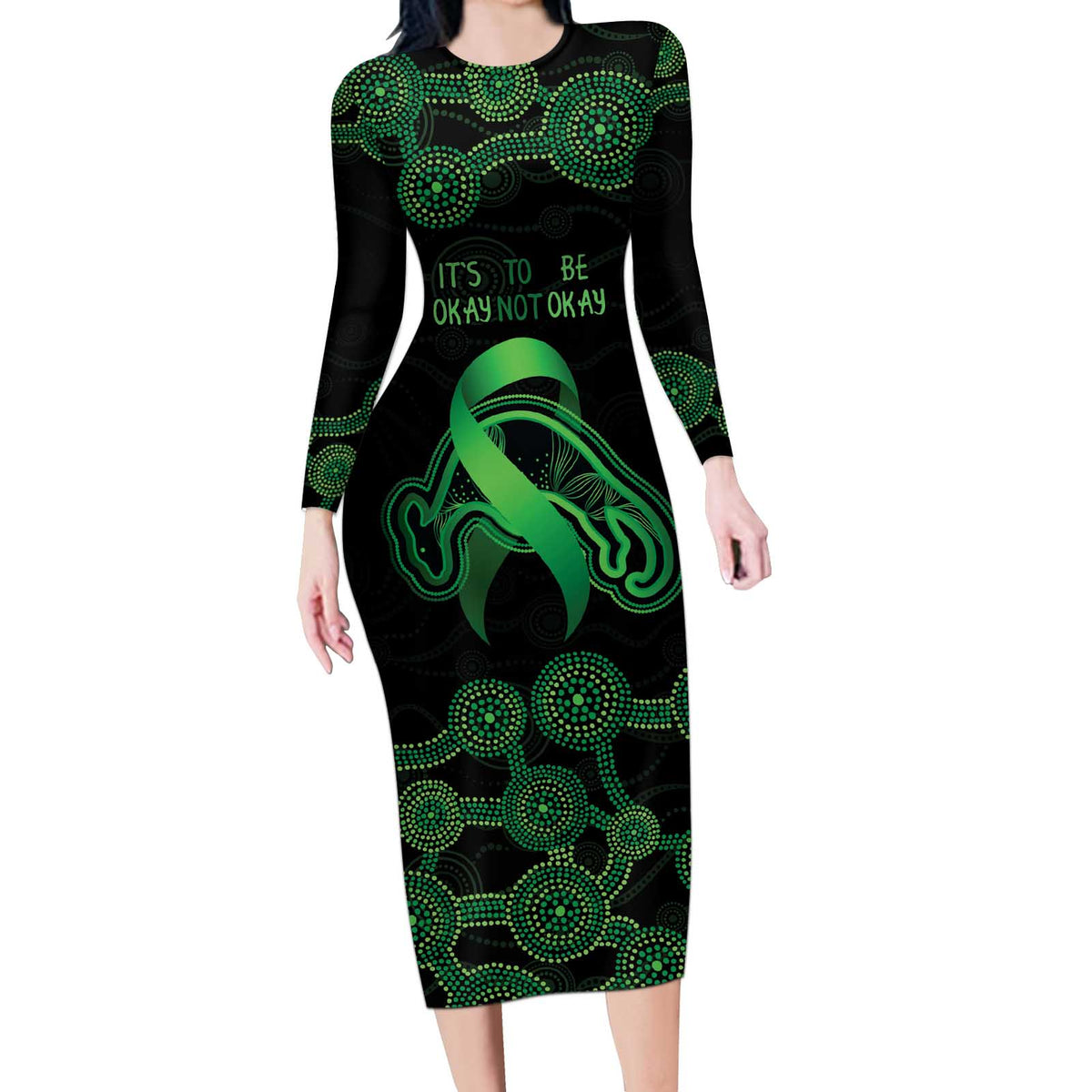 Green Kangaroo Ribbon Aboriginal Personalised Long Sleeve Bodycon Dress Depression Awareness