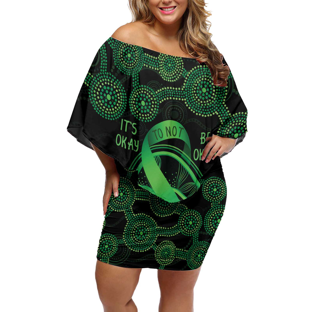 Green Kangaroo Ribbon Aboriginal Personalised Off Shoulder Short Dress Depression Awareness