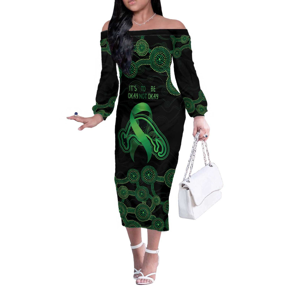 Green Kangaroo Ribbon Aboriginal Personalised Off The Shoulder Long Sleeve Dress Depression Awareness