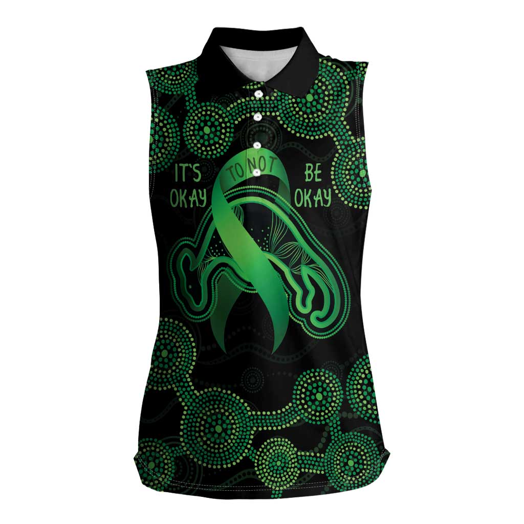Green Kangaroo Ribbon Aboriginal Personalised Women Sleeveless Polo Shirt Depression Awareness