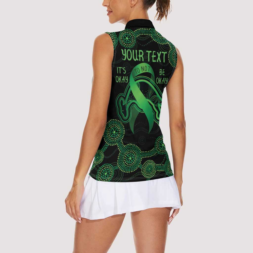 Green Kangaroo Ribbon Aboriginal Personalised Women Sleeveless Polo Shirt Depression Awareness