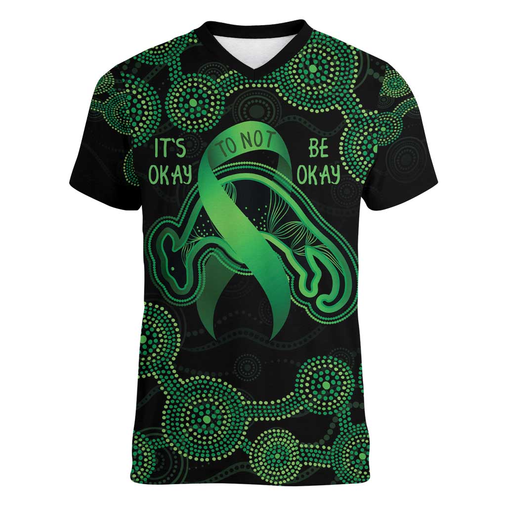 Green Kangaroo Ribbon Aboriginal Personalised Women V-Neck T-Shirt Depression Awareness