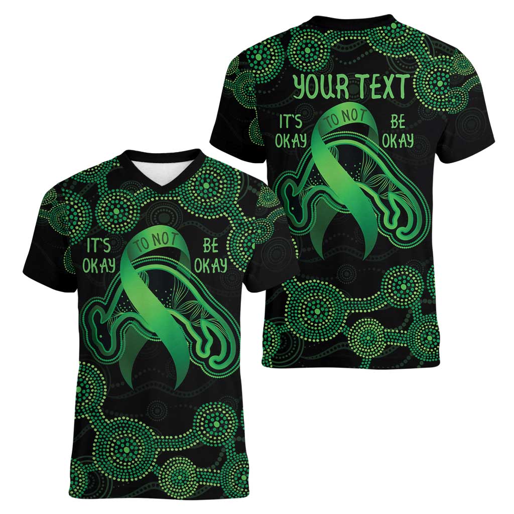 Green Kangaroo Ribbon Aboriginal Personalised Women V-Neck T-Shirt Depression Awareness