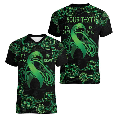 Green Kangaroo Ribbon Aboriginal Personalised Women V-Neck T-Shirt Depression Awareness