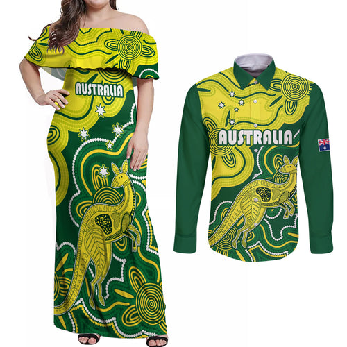 australia-cricket-couples-matching-off-shoulder-maxi-dress-and-long-sleeve-button-shirts-go-aussie-world-cup-2023-aboriginal-style-unique