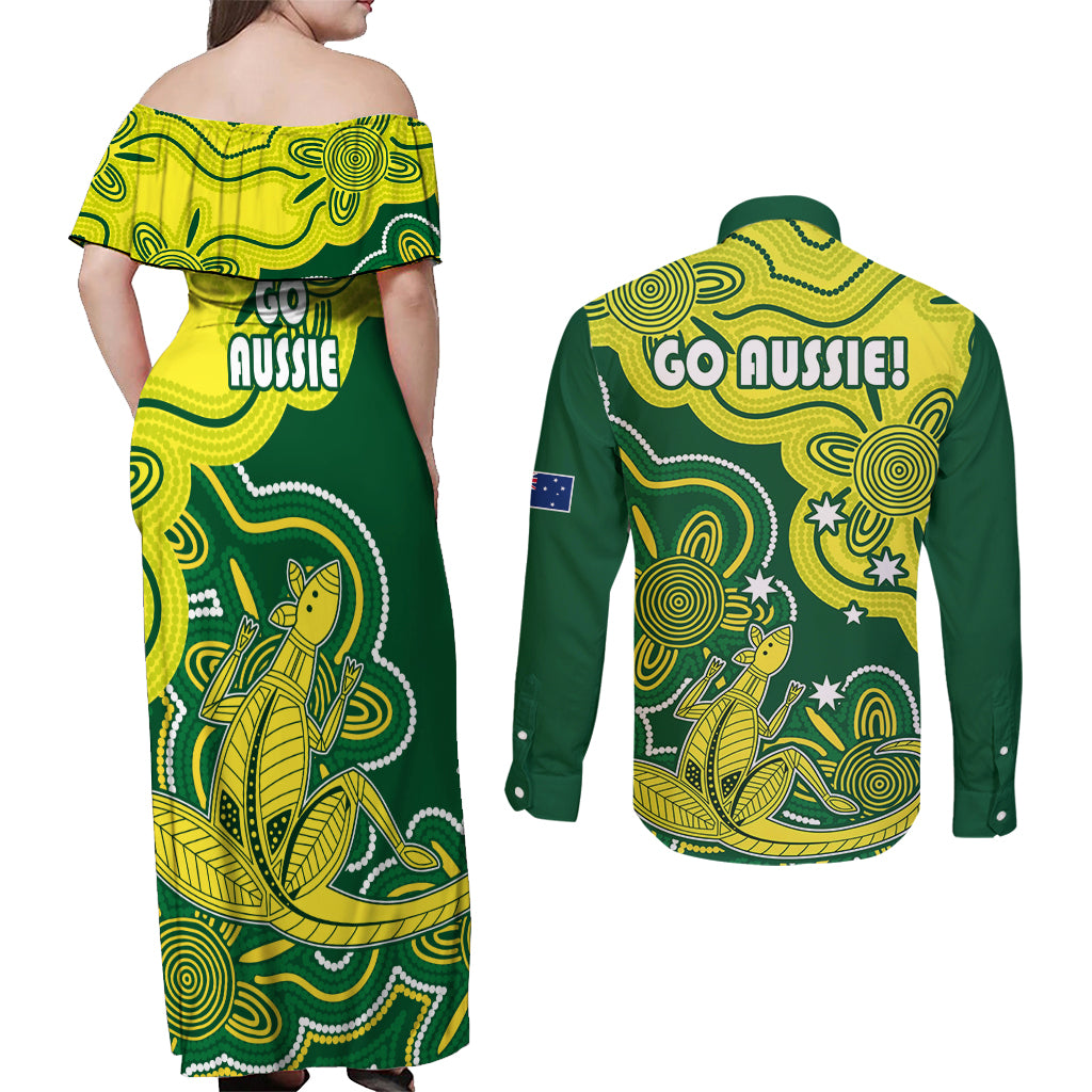 australia-cricket-couples-matching-off-shoulder-maxi-dress-and-long-sleeve-button-shirts-go-aussie-world-cup-2023-aboriginal-style-unique