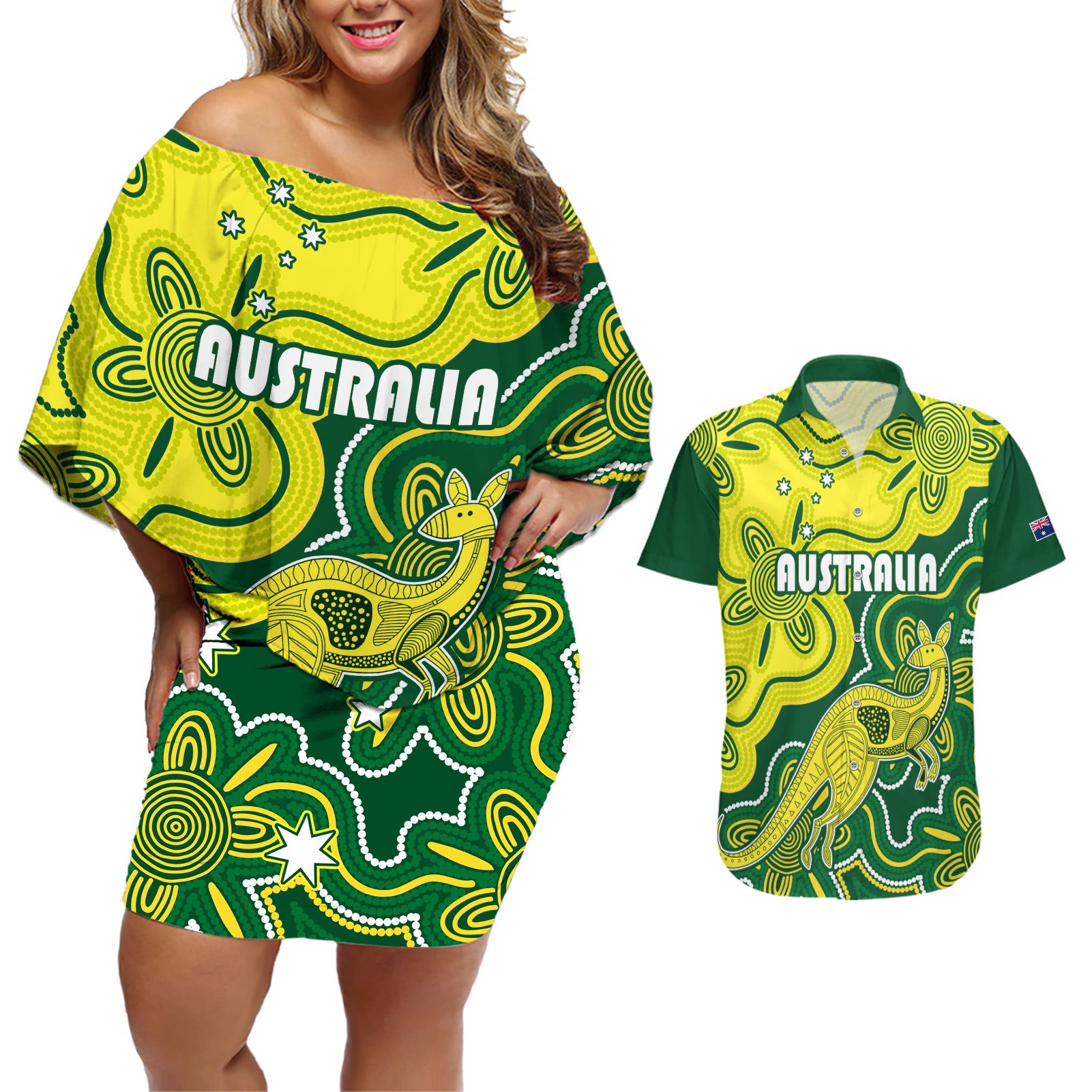 australia-cricket-couples-matching-off-shoulder-short-dress-and-hawaiian-shirt-go-aussie-world-cup-2023-aboriginal-style-unique
