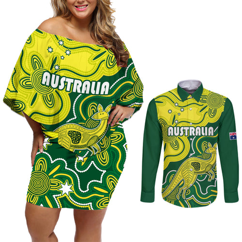australia-cricket-couples-matching-off-shoulder-short-dress-and-long-sleeve-button-shirts-go-aussie-world-cup-2023-aboriginal-style-unique