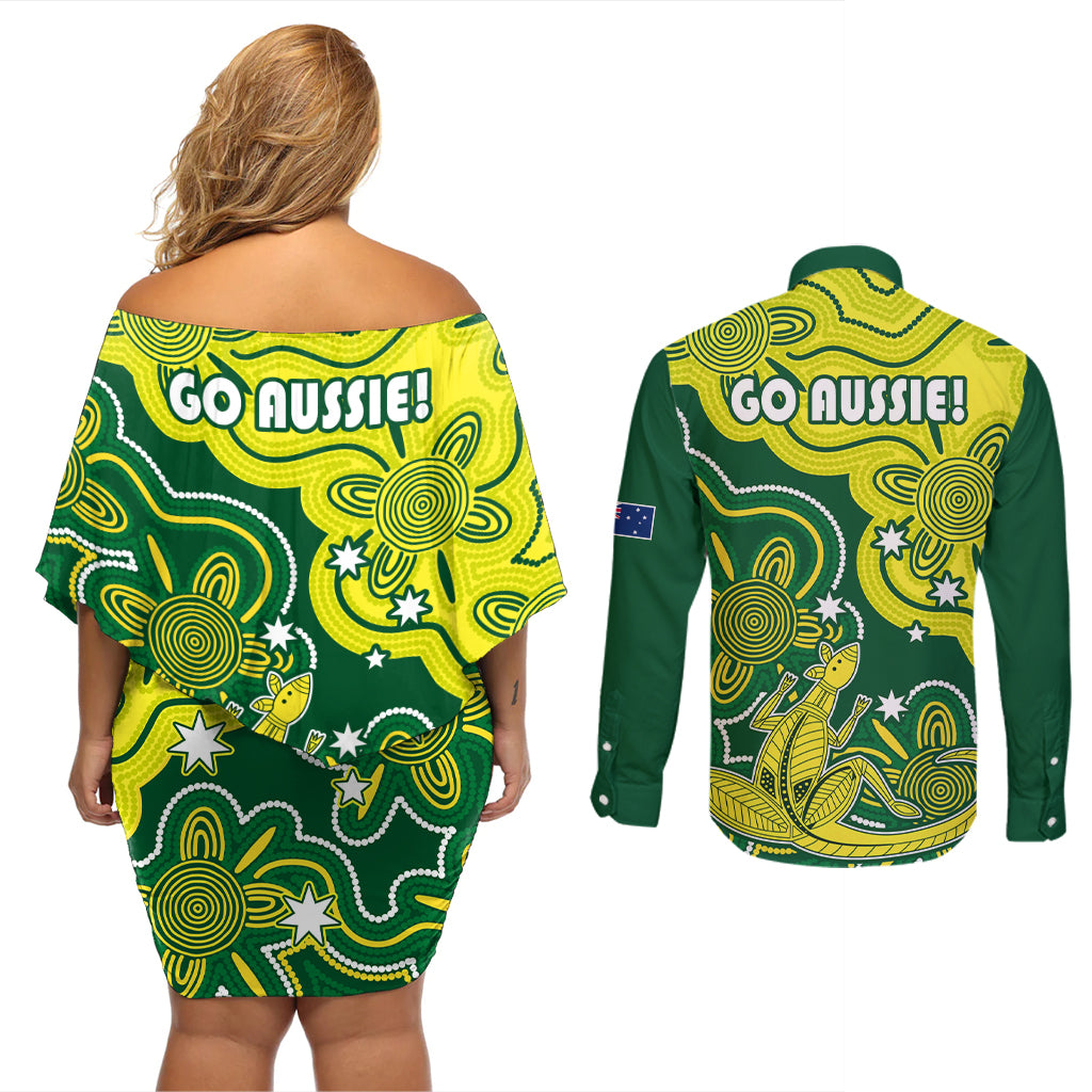 australia-cricket-couples-matching-off-shoulder-short-dress-and-long-sleeve-button-shirts-go-aussie-world-cup-2023-aboriginal-style-unique