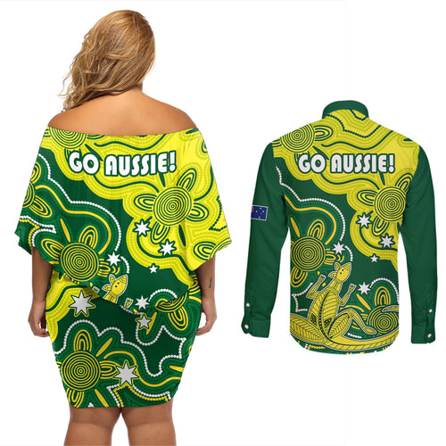 australia-cricket-couples-matching-off-shoulder-short-dress-and-long-sleeve-button-shirts-go-aussie-world-cup-2023-aboriginal-style-unique