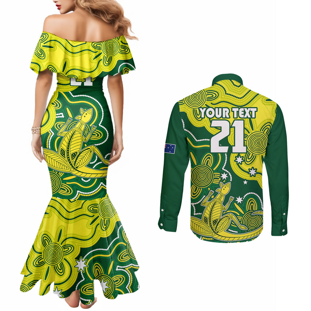 custom-australia-cricket-couples-matching-mermaid-dress-and-long-sleeve-button-shirts-go-aussie-world-cup-2023-aboriginal-style-unique