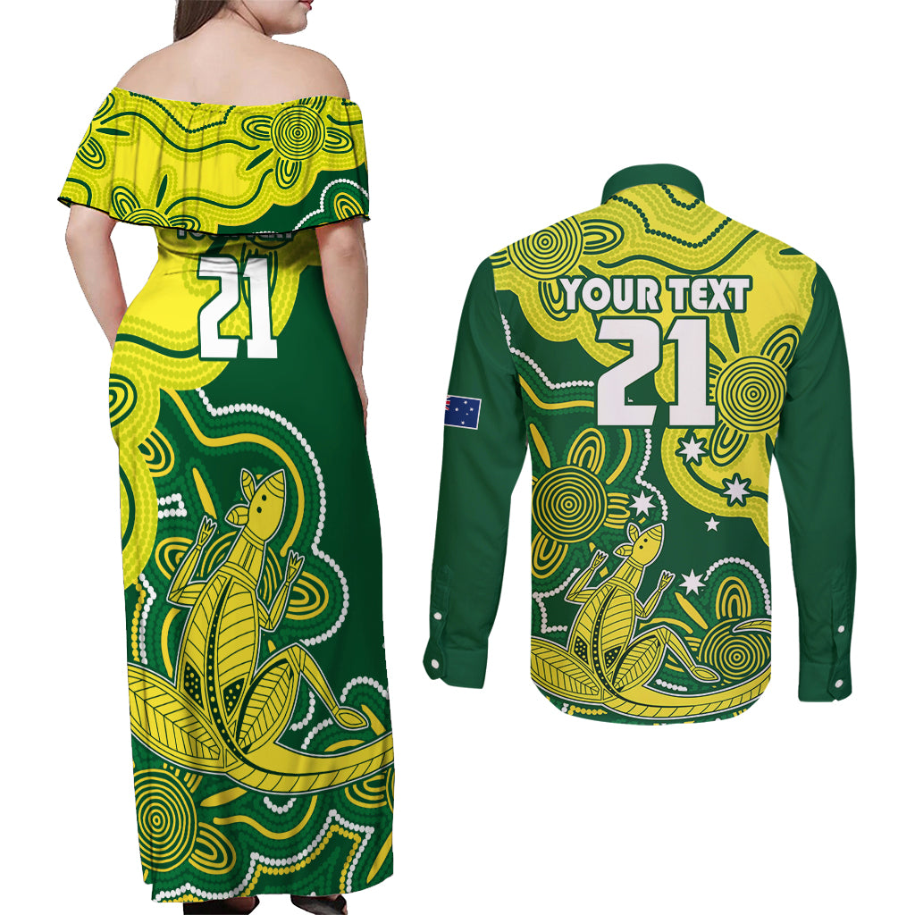 custom-australia-cricket-couples-matching-off-shoulder-maxi-dress-and-long-sleeve-button-shirts-go-aussie-world-cup-2023-aboriginal-style-unique
