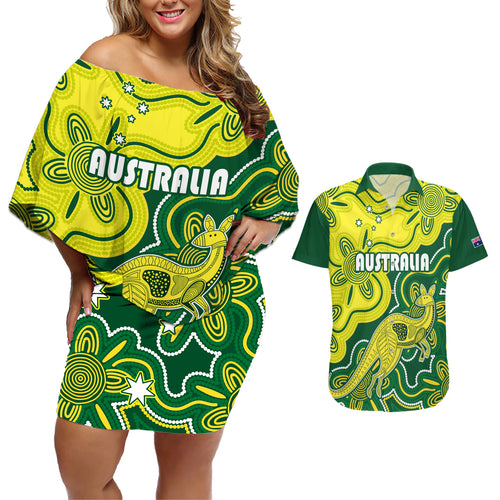 custom-australia-cricket-couples-matching-off-shoulder-short-dress-and-hawaiian-shirt-go-aussie-world-cup-2023-aboriginal-style-unique