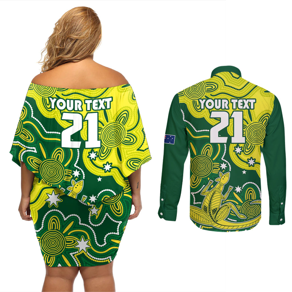 custom-australia-cricket-couples-matching-off-shoulder-short-dress-and-long-sleeve-button-shirts-go-aussie-world-cup-2023-aboriginal-style-unique
