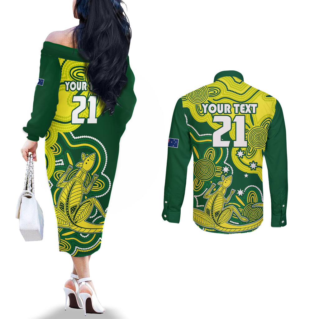 custom-australia-cricket-couples-matching-off-the-shoulder-long-sleeve-dress-and-long-sleeve-button-shirts-go-aussie-world-cup-2023-aboriginal-style-unique